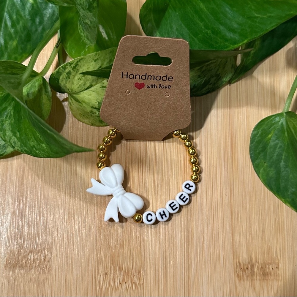 Gold Kids’ Stretchy Beaded Cheer Bracelet | Handmade | Silicone Bow 📣✨